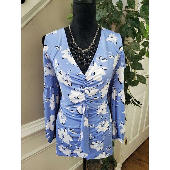 Cato Womens Blue Floral Polyester Ruched Cold Shoulder V Neck Top Blouse Size XL - Picture 1 of 12